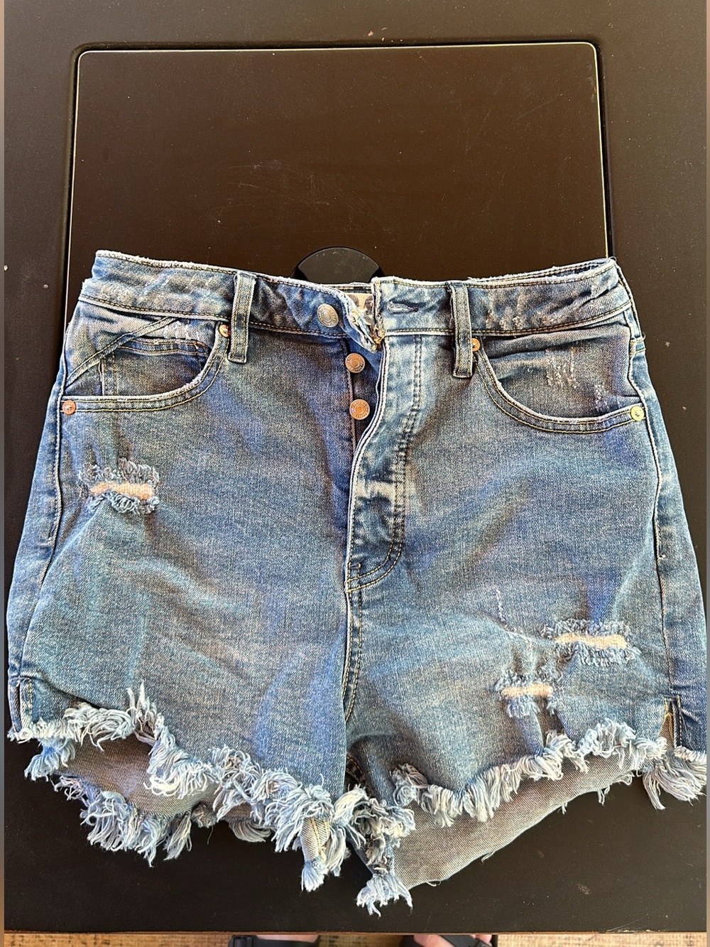 Free People Light Blue High-Rise Distressed Denim Shorts